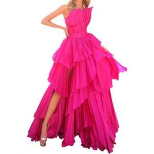 NEW TARIK EDIZ asymmetrical neckline pleated gown in fuchsia